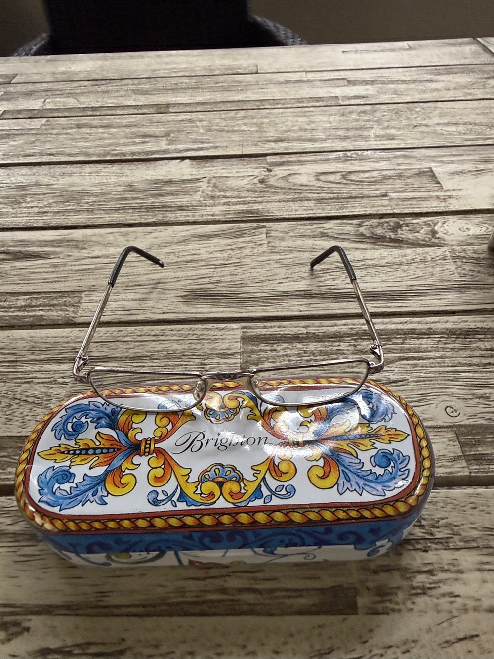 Brighton Blue Decorative Eyeglass Case with Silver Metal Frame Glasses (readers)